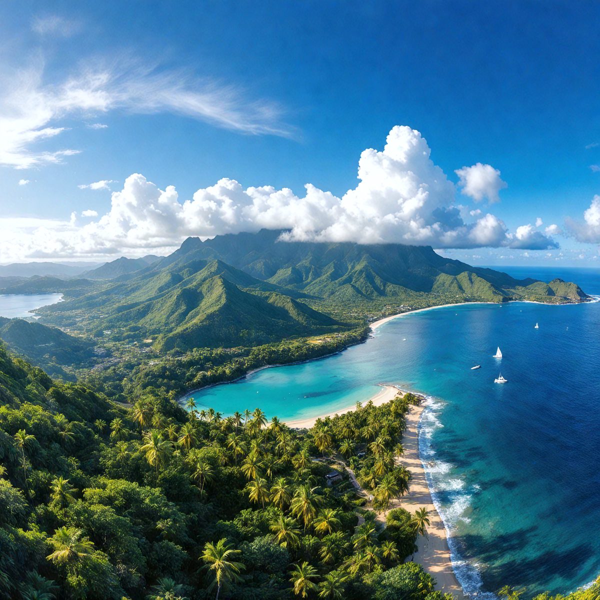 The primary subject of the image is a beautiful beach scene with a clear blue ocean and a sandy shore. The setting is a tropical island with lush green trees surrounding the beach. The visual style of the image is a photo, capturing the natural beauty of the landscape. The colors and mood of the image are vibrant and serene, with the blue ocean and green trees creating a sense of tranquility and relaxation.
